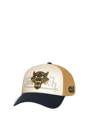 Casquette de camionneur avec un devant crème, des côtés en maille marron et une visière bleu marine foncé. Présente un graphique de tigre brodé en or et un logo.