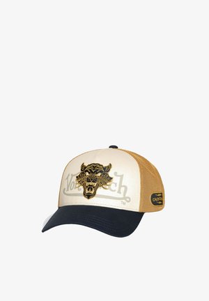 Casquette de camionneur avec un devant crème, des côtés en maille marron et une visière bleu marine foncé. Présente un graphique de tigre brodé en or et un logo.