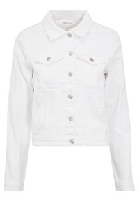 Veste en denim blanc avec col, cinq boutons argentés, deux poches poitrine et manches longues. Présente une coupe ajustée.