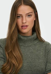 Maglione verde a collo alto lavorato a maglia con colletto a coste e tessuto strutturato. Il modello ha lunghi capelli castani e uno sfondo neutro.