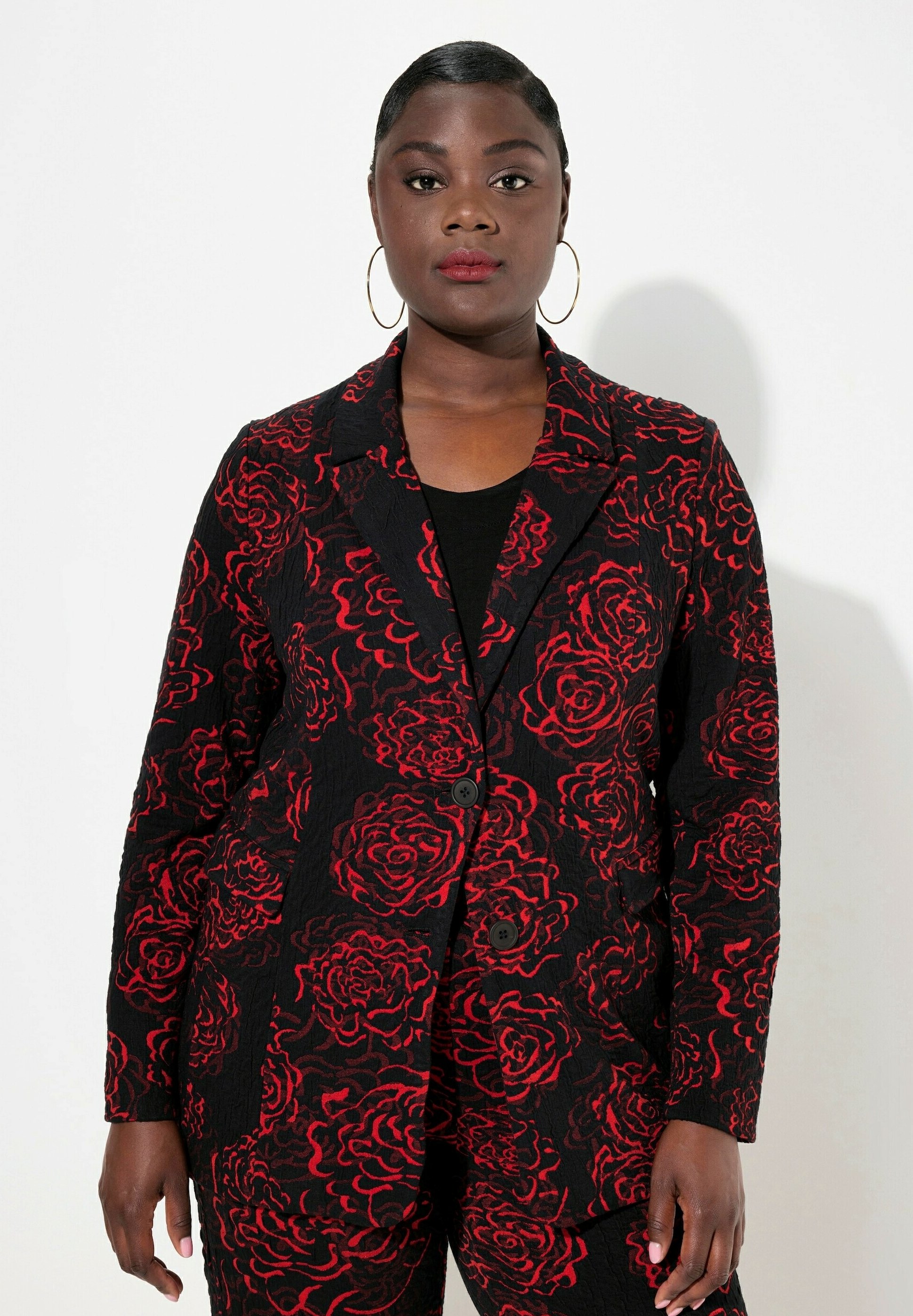 Blazer Donna Ulla Popken Oversized - Nero, Viscosa E Poliestere, Chiusura A Bottoni