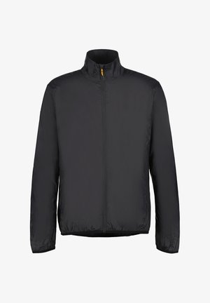 Czarnia lekka kurtka z wysokim kołnierzem, pełnym zamkiem błyskawicznym z przodu oraz elastycznymi mankietami. Gładki nylonowy materiał o matowym wykończeniu.