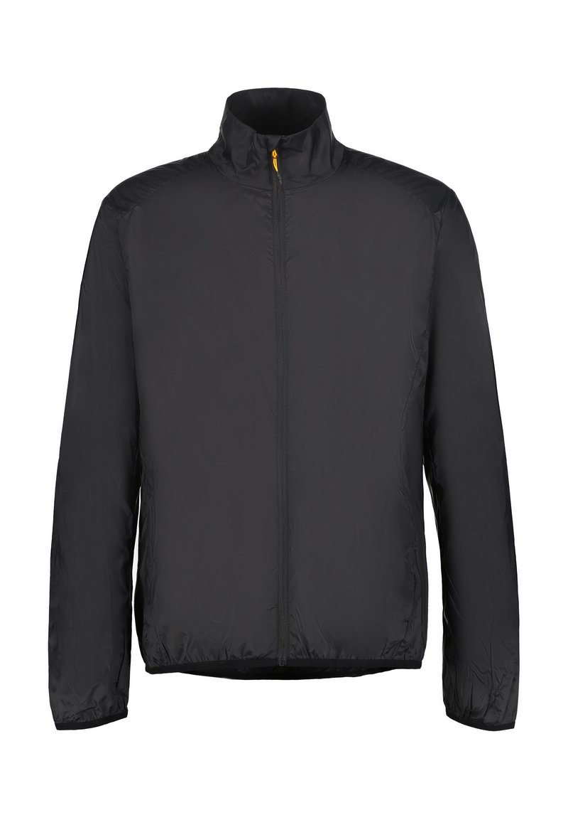 Zwarte lichtgewicht jacket met een hoge kraag, volledige rits aan de voorkant en elastische boorden. Glad nylon stof met een matte afwerking.