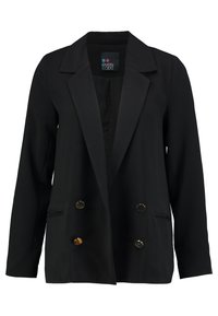 Černý blazer s klopovým límcem, dvouřadým zapínáním a zlatými knoflíky. Obsahuje dvě boční kapsy a má volný střih.