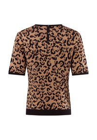Pull court à manches courtes en tissu tricoté imprimé léopard beige et noir. Présente un col rond et une fermeture à trois boutons au dos.