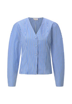 Modra in bela navpično črtasta bluza z dolgimi rokavi, z V-izrezom in tremi gumbi spredaj, prevlečenimi z enakim tekstilom.