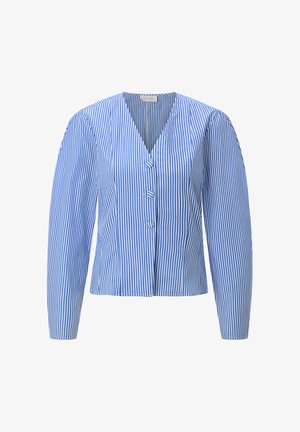 Blau-weiß gestreifte Bluse mit langen Ärmeln, V-Ausschnitt und drei vorne angebrachten Knöpfen, die mit dem gleichen Stoff bezogen sind.