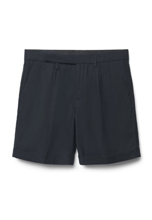 Marineblaue, maßgeschneiderte Shorts mit aufgekrempelten Säumen, Gürtelschlaufen, vorderem Reißverschluss und schrägen Taschen auf beiden Seiten.