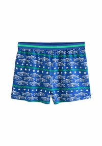 Blauwe zwembroek met een vissenpatroon, voorzien van witte illustraties van vissen en groene zigzagaccenten. Elastische tailleband met contrasterende strepen.