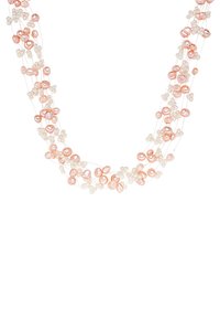 Többszálas nyakék rózsaszín és fehér édesvízi gyöngyökkel. Jellegzetes ovális és virág alakú gyöngyök finom huzalra fűzve.