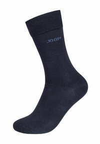 Marineblå sok lavet af glat stof, med ribbet manchet og mærkenavnet "JOOP" i en diskret tryk på siden.