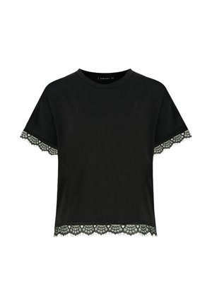 Black short-sleeve top with round neckline, featuring lace trim on sleeves and hem.