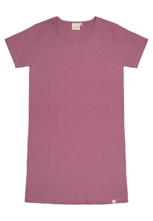 Abito a maniche corte, lungo fino al ginocchio, di un morbido colore malva. Presenta una texture a costine e un collo rotondo. Piccola etichetta con logo all'orlo.