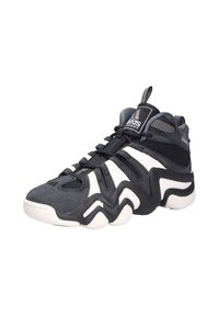Schwarze High-Top-Sneaker mit strukturiertem Leder- und Mesh-Obermaterial, weißen Akzenten, zigzagförmigem Zwischensohlen-Design und traditionellem Schnürsystem.