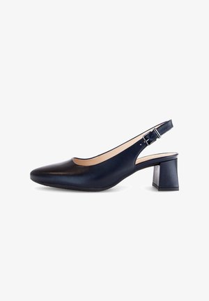 Scarpa slingback in pelle blu navy con punta affilata, tacco medio a blocco, cinturino alla caviglia con fibbia regolabile e superficie liscia.
