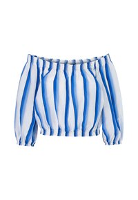 Blue and white striped off-the-shoulder blouse. Features elasticized cuffs and hem. Material appears lightweight and textured.