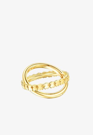 Gold-tone ring set with multiple interlocking bands; one features a delicate flower pattern; polished smooth finish; various thicknesses.