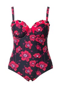 Maillot de bain une pièce floral en marine foncé avec des fleurs rouges et roses. Comprend des bonnets rembourrés, des bretelles réglables et des oeillets décoratifs.