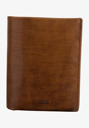 Bruine leren portemonnee met een gladde textuur, ronde randen en een subtiele geprinte logo. Heeft nette stiksels rond de omtrek.