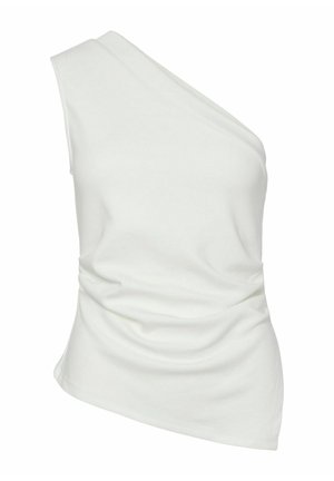 Asymmetrical white top with a single shoulder design, soft fabric, gathered detailing on one side, and a smooth texture.