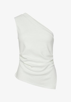 Asymmetrical white top with a single shoulder design, soft fabric, gathered detailing on one side, and a smooth texture.