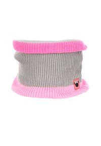 Cuello de lana gris con un borde acanalado de color rosa brillante. Presenta un pequeño logotipo bordado en negro y rosa en un lado.
