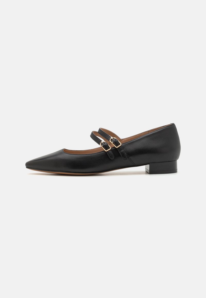 Chaussure plate Mary Jane noire à bout pointu avec deux brides réglables et petit talon bloc, vue de profil sur fond blanc.