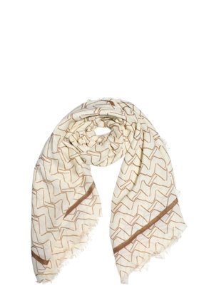 Sciarpa crema con motivi a zigzag marroni e doppie righe orizzontali, caratterizzata da bordi leggermente frangiati.