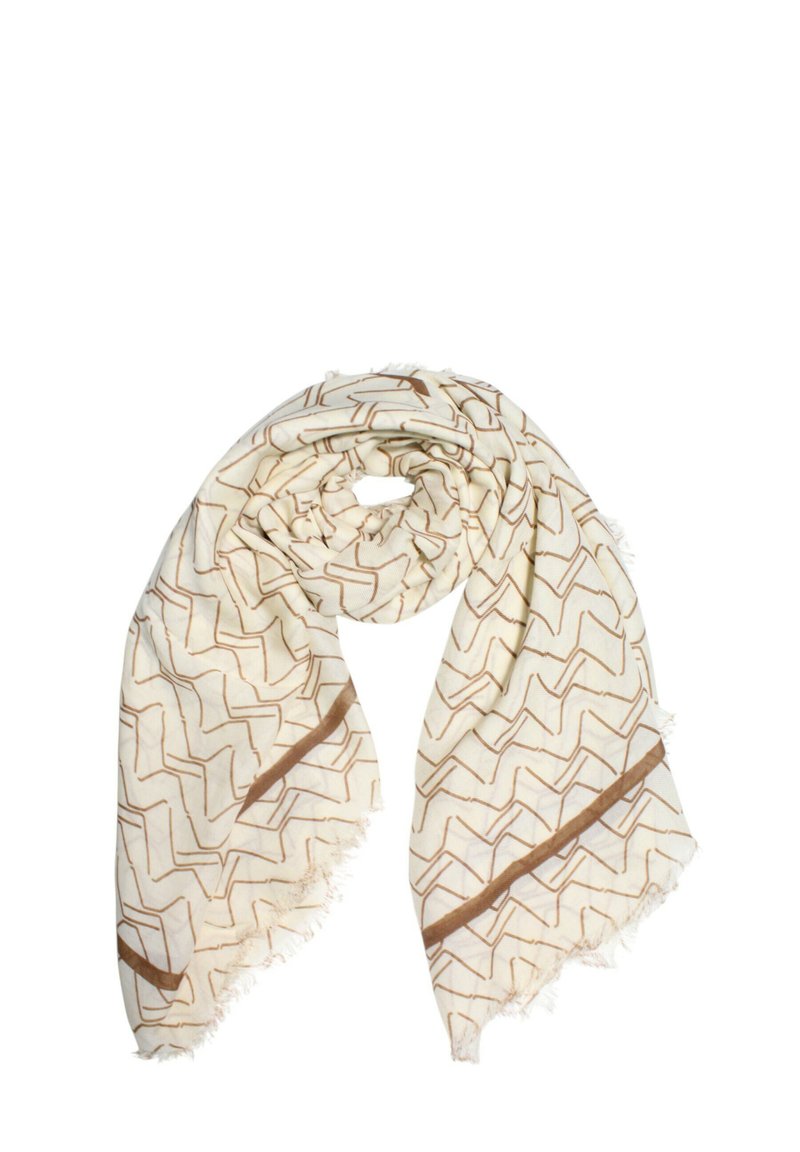 Sciarpa crema con motivi a zigzag marroni e doppie righe orizzontali, caratterizzata da bordi leggermente frangiati.