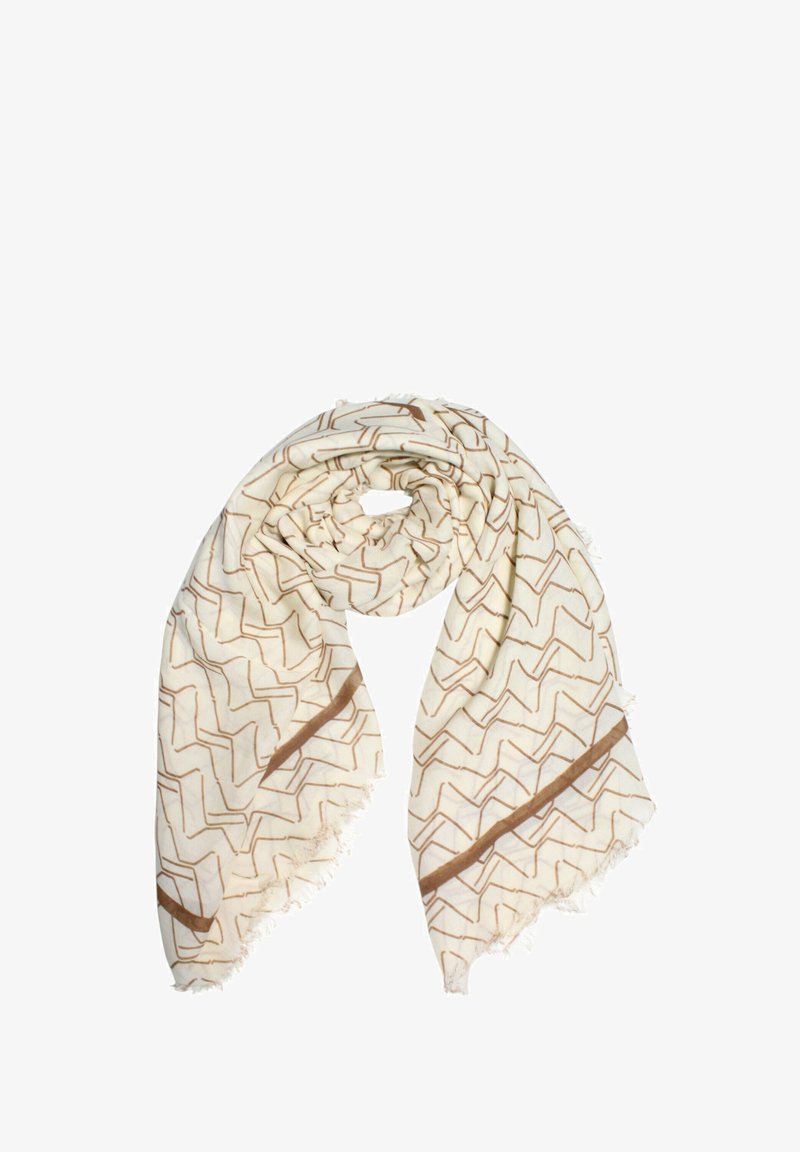 Sciarpa crema con motivi a zigzag marroni e doppie righe orizzontali, caratterizzata da bordi leggermente frangiati.