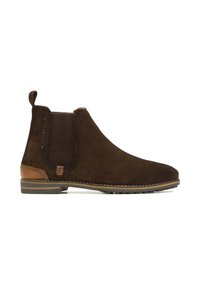 Bottines Chelsea en daim marron avec un panneau élastique texturé sur le côté, semelle en caoutchouc et accent en cuir tan contrastant au talon.