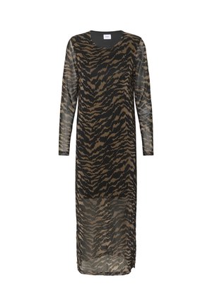 Hosszú ujjú fekete ruha barna tigriscsíkos mintával, áttetsző anyagú ujjak és alsó szoknya, kerek nyakkivágás, midi hosszúságú.