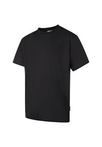 Black short-sleeve t-shirt made of soft cotton, featuring a crew neckline and a straight hem. No visible patterns or hardware.