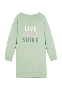 Abito felpa verde chiaro a maniche lunghe con polsini a coste e la scritta "LIVE SMILE SHINE" in lettere bianche, rosa e verde scuro sul fronte.