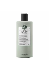 Groene cilindervormige shampoofles met een zwarte dop. Etiket bevat de productnaam "TRUE SOFT" en details over de voordelen van de ingrediënten. 350 ml.