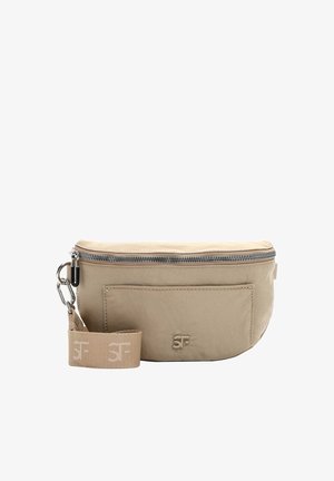 Sac à taille en tissu beige avec poche avant, fermeture éclair argentée, et sangle beige amovible arborant un logo "SF" répétitif.
