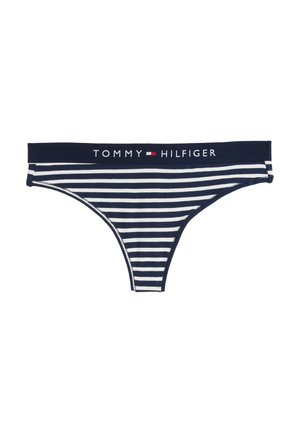 Chiloți thong dungi bleumarin și albi cu o talie elastică moale, având logo-ul "TOMMY HILFIGER" și accente de culoare contrastantă.