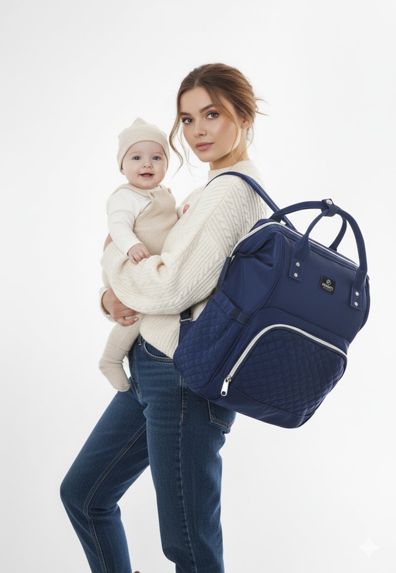 Marinblå, vadderad tygryggsäck med dubbla handtag, dragkedjor och en framficka, bärs av en person som håller ett spädbarn.