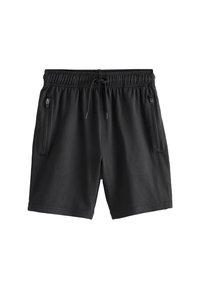 Shorts sportivi neri realizzati in un tessuto morbido, con una cintura elasticizzata dotata di cordino e due tasche laterali con zip.