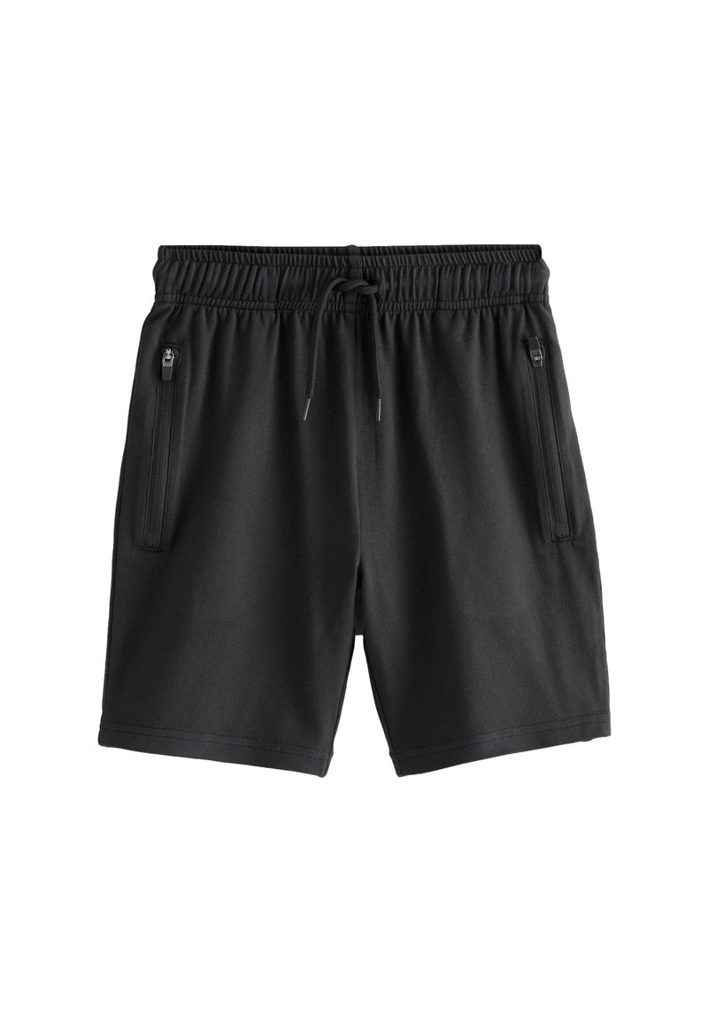 Shorts sportivi neri realizzati in un tessuto morbido, con una cintura elasticizzata dotata di cordino e due tasche laterali con zip.