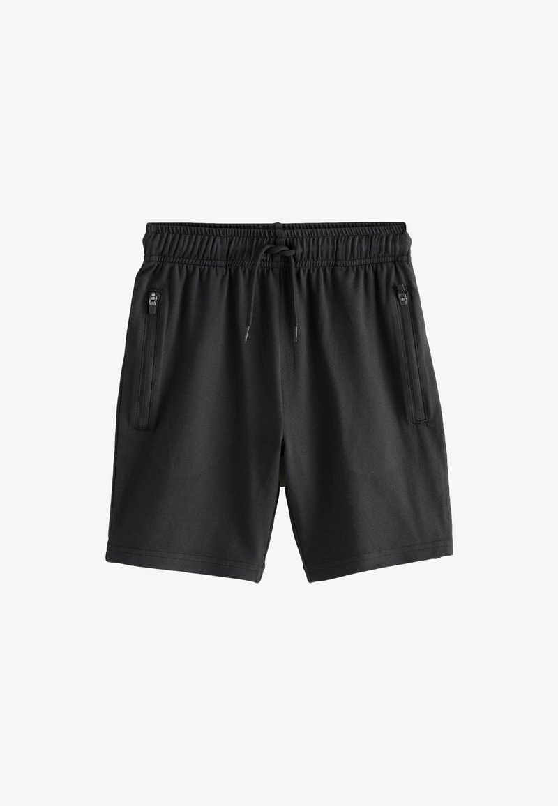 Shorts décontractés noirs avec taille élastique, cordon de serrage et poches latérales zippées sur fond blanc.
