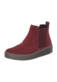 Bottines en suède bordeaux avec des panneaux latéraux élastiques, des accents en tissu texturé et une semelle en caoutchouc à motifs.