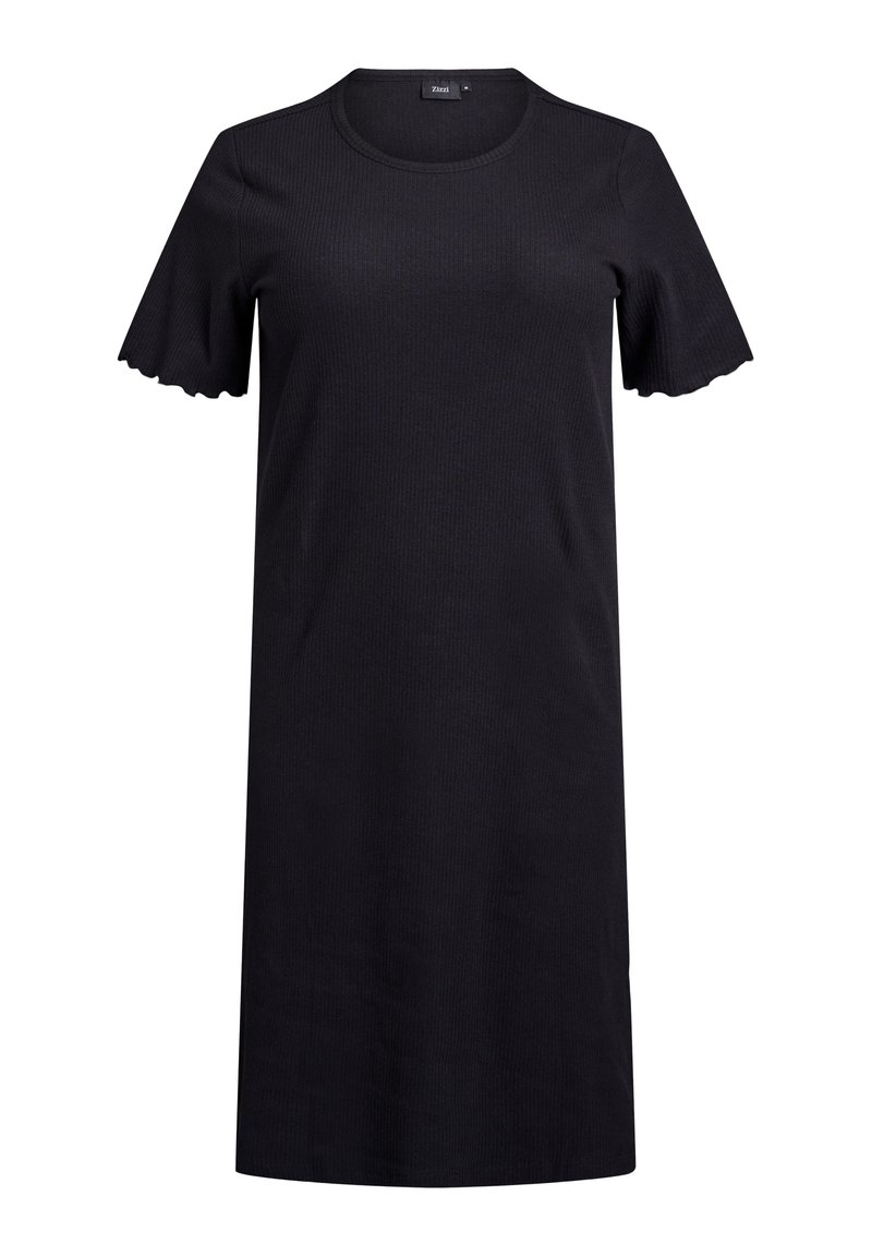 Abito nero a costine con scollatura tonda e maniche corte a campana. Tessuto liscio, design all'altezza del ginocchio senza motivi o accenti.