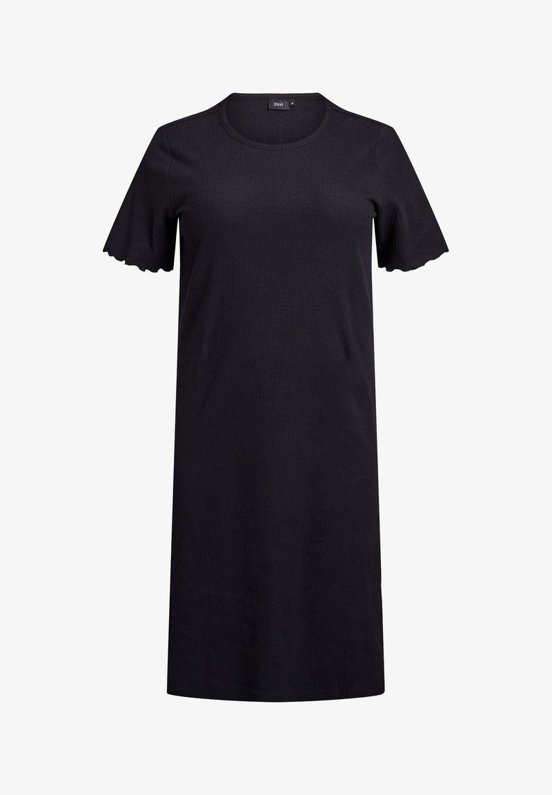 Abito nero a costine con scollatura tonda e maniche corte a campana. Tessuto liscio, design all'altezza del ginocchio senza motivi o accenti.