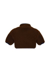 Brauner Fleece-Pullover mit hohem Kragen, kurzen Ärmeln und navyblauen Akzenten. Weiche Textur mit einem struppigen Aussehen, entworfen für Wärme.