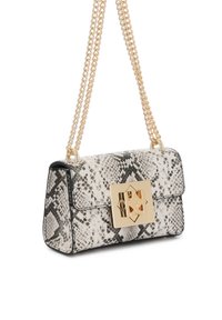 Nahkseinast madu-mustriga käekott, millel on kuldse geomeetrilise kinnitusdetaili ja kaks kettast rihma. Värviskeem sisaldab musta, valget ja halli.