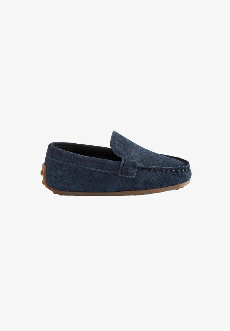 Suede slipper in dark blue with a moccasin design, folded collar, decorative stitching, and a brown rubber sole.