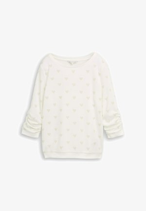 Weißer Langarm-Pullover mit dezentem Herzmuster und gerafften Ärmeln, Rundhalsausschnitt und geripptem Saum.