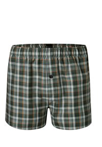 Geruite herenshorts met een groen, wit en oranje patroon, elastische tailleband en een enkele knoopdetail aan de voorkant.