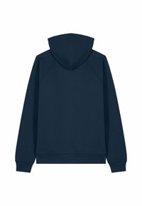 Sweat-shirt à capuche bleu marine, vue de dos, manches longues, poignets et ourlet côtelés, design simple sans logos ou motifs visibles.